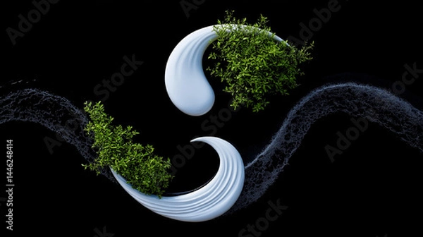 Obraz Abstract Nature Elements Combining Water and Greenery on Black Background  