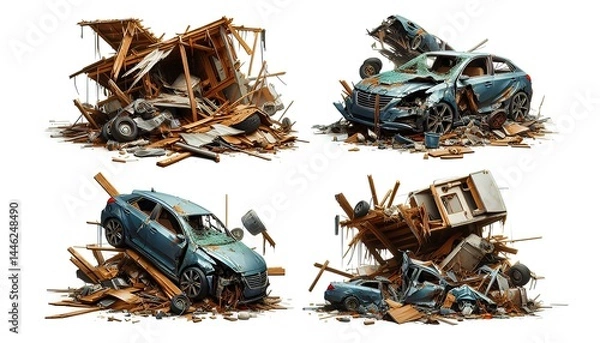 Obraz Metal graveyard – abandoned vehicles consumed by decay isolated on white background