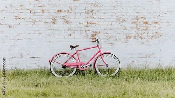 Obraz Pink bicycle parked in grassy field by a weathered wall.