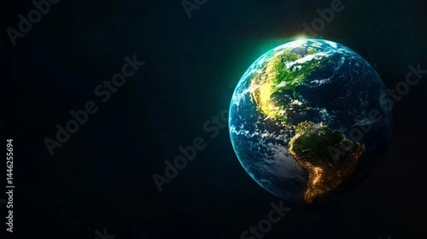 Obraz Planet Earth is displayed shining in space, showcasing North and South America, illuminated by the sun.