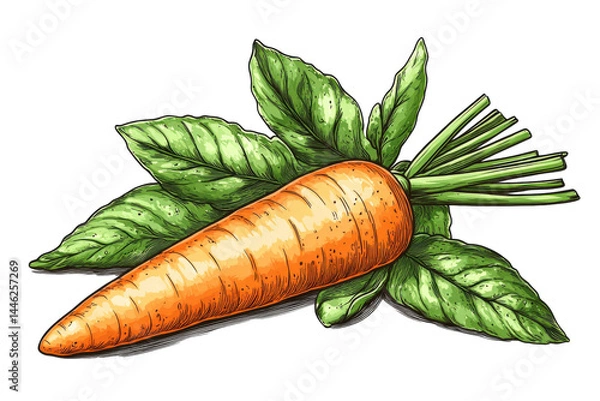 Fototapeta Vibrant orange carrot with lush green leaves detailed hand drawn illustration rich color and texture