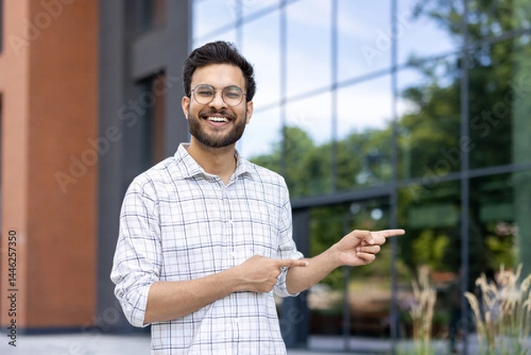Obraz Portrait of a young Indian man in a shirt standing outside on the street, pointing with his fingers to the side at an empty space, smiling at the camera