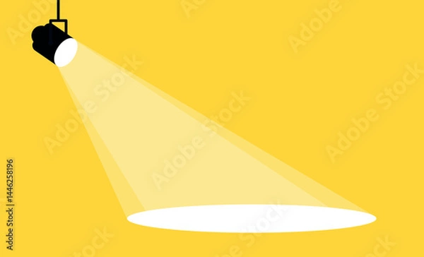 Obraz Spotlight shines on the yellow banner. Vector flat spotlight on yellow background with space for text. Vector illustration