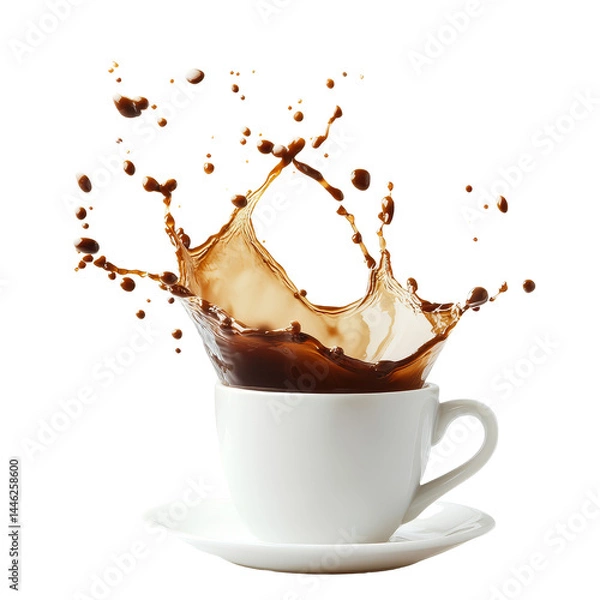 Fototapeta Coffee splashes dramatically from a transparent cup onto a clean background, capturing the essence of an energetic morning moment, Coffee cup splash spilled coffee on transparent background