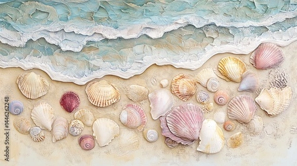 Fototapeta Seashells adorn the beach washed by gentle ocean waves