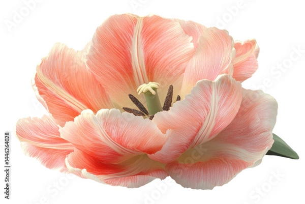 Fototapeta Delicate peach tulip blossom soft petals close up view pure white background springtime bloom