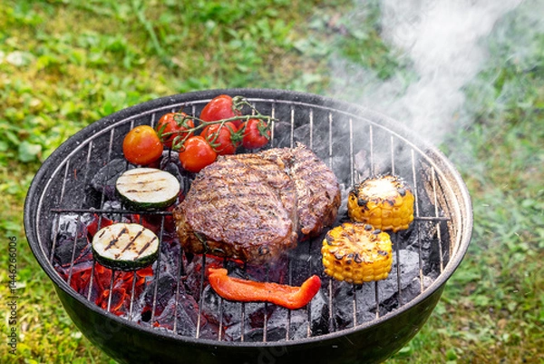 Fototapeta beef steak and vegetables on grill