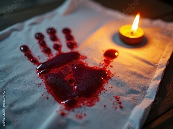 Fototapeta Close-up of a bloodied handprint on white cloth, with dark red droplets pooling beside it, illuminated by the warm glow of a flickering oil lamp.