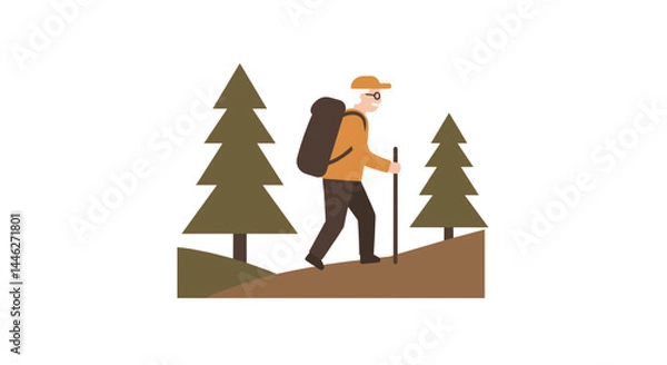 Obraz Hiking man with backpack walking among trees in a forest  