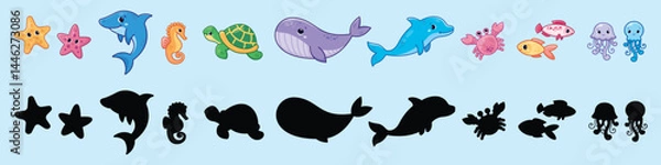 Obraz A set of illustrations and silhouettes of marine animals. Vector elements of marine inhabitants.