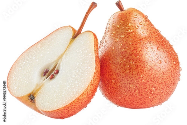 Fototapeta Juicy red pears one sliced open revealing its sweet crisp interior glistening with fresh water