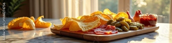 Obraz Variety of snacks on wooden board near sunlit window