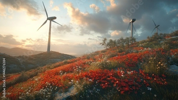 Fototapeta Wind turbines stand atop a poppy filled hillside at sunset