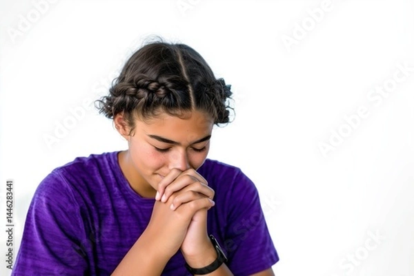 Obraz A young person in a purple shirt with braided hair, deep in thought and reflection.