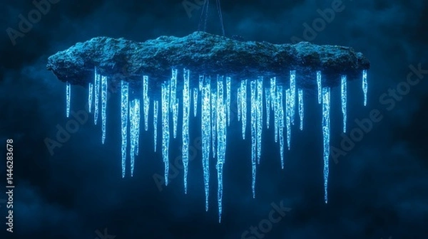 Fototapeta Abstract floating cloud with icicles against a dark sky
