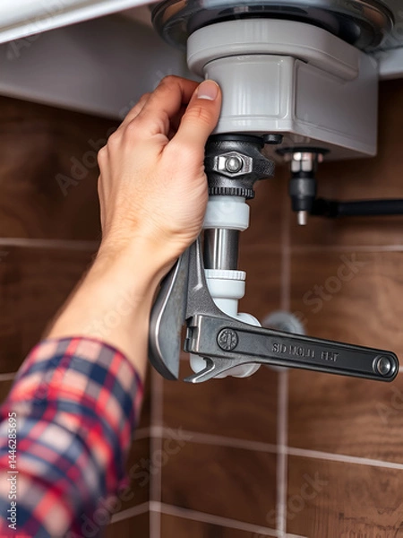 Fototapeta Plumber tightening a pipe with a wrench under a sink, plumbing work, close-up of hands in repair process