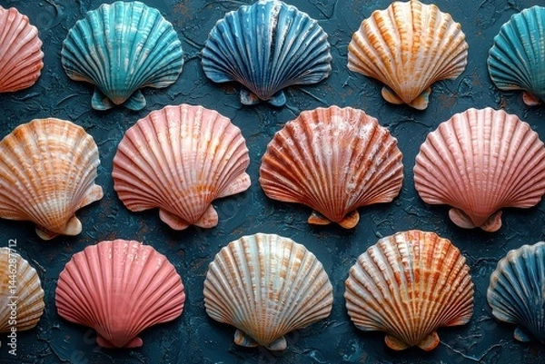 Fototapeta Pattern of colorful seashells arranged neatly against a textured surface