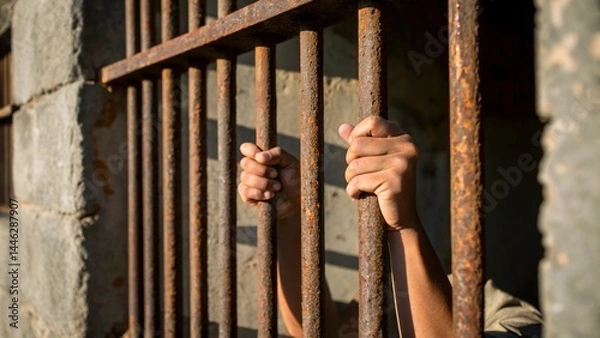 Fototapeta close-up-detail-of-prison-bars-and-a-pair-of-hands