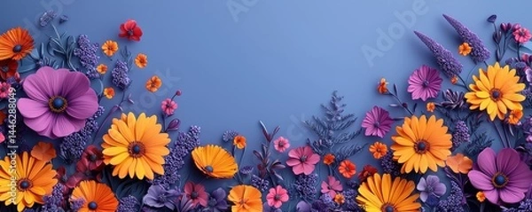 Fototapeta Colorful flowers on a purple background with vibrant orange and red accents