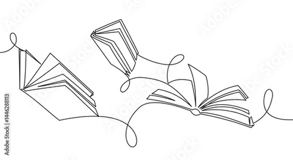 Fototapeta One continuous line banner of openflying books. Education and knowledge library concept in simple line style. Doodle vector illustration