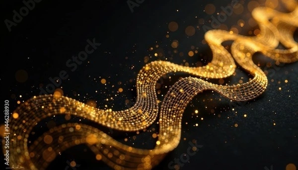 Fototapeta Intricate golden threads weave, glowing softly on black , abstract texture, light threads, abstract gold