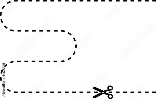 Fototapeta Sinuous curved dashed line with scissor icon indicating the cut path.