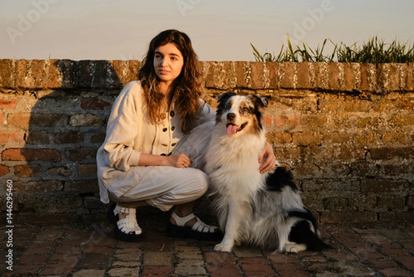 Obraz Young woman in natural linen outfit posing with her Australian Shepherd dog at sunset, both sitting by a rustic stone wall, radiating calmness and affection in golden light.