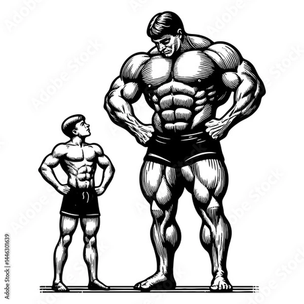 Obraz skinny young man facing massively muscular bodybuilder, symbolizing transformation, strength, and fitness goals sketch engraving generative ai PNG illustration. Scratch board. Black and white image