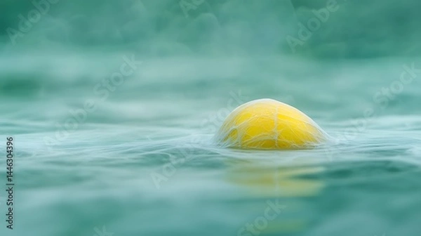 Fototapeta A yellow sphere adrift in misty, teal water.