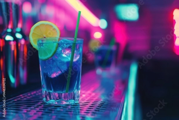 Obraz A line of colorful cocktails with straws and lemon slices on the bar counter in a nightclub, with blurred lights in the background Generative AI