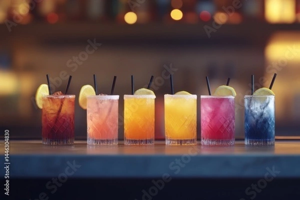 Obraz A colorful array of cocktails with straws and lemon slices, arranged on the bar counter in an evening club setting The background is blurred to emphasize the drinks Generative AI