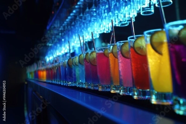Fototapeta A line of colorful cocktails with straws and lemon slices, in front of the bar counter at a nightclub, under blue lighting Generative AI