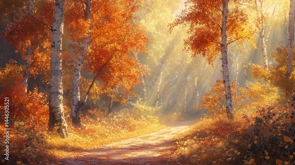 Obraz Autumnal forest path bathed in sunlight (1)