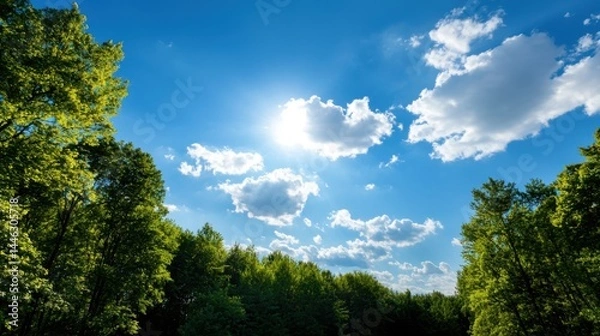 Fototapeta The sky is blue and the sun is shining brightly. The trees are green and the leaves are full