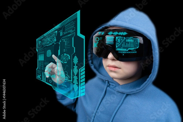 Fototapeta A young girl wearing a blue hooded sweatshirt and AR smart glasses interacts with a glowing blue holographic display. Set against a dark background, emphasizing the futuristic technology