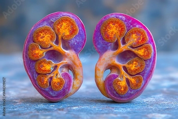 Fototapeta **Isolated, Detailed View Of Adrenal Glands On Top Of Kidneys, Showing Epinephrine And Cortisol Release Concepts. Clean Background. Suitable For Hormone Therapy Ads, Stress Research, And Endocrine Cam
