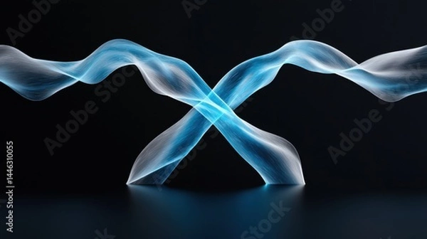 Fototapeta The image is a blue and white wave that is flowing across a black background. The wave is almost like a ribbon, and it is moving in a fluid and graceful manner