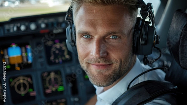 Obraz A pilot is smiling and wearing headphones while sitting in the cockpit of an airplane. Concept of confidence and professionalism, as the pilot is focused on his duties and ready to take off