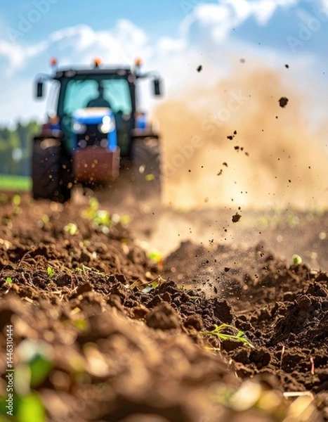 Obraz Tractor plowing soil in sunny field