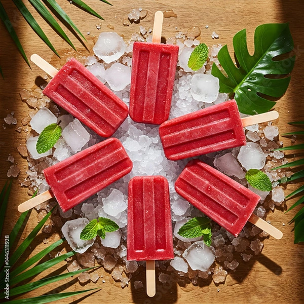 Obraz Refreshing watermelon popsicles on ice, styled with palm and monstera leaves on a clean white background.