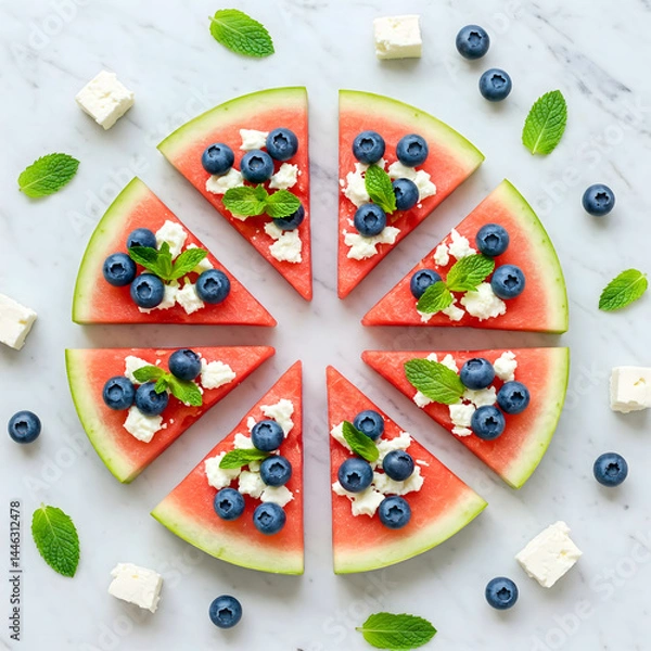 Obraz Refreshing summer watermelon pizza topped with feta, mint, and blueberries on marble background.