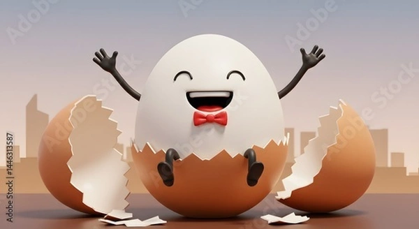 Fototapeta Cheerful Ghost Character Hatching from Egg with City Skyline Background