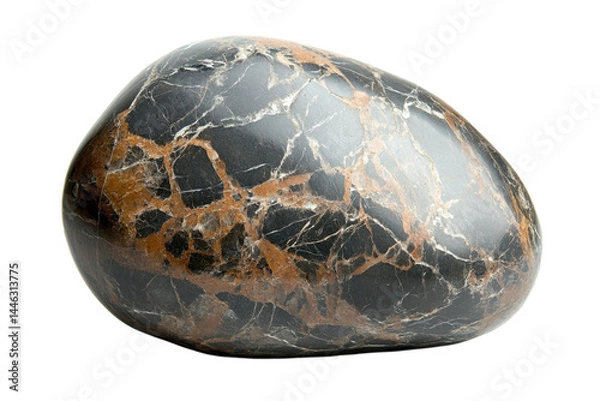 Fototapeta Polished black and copper tumbled stone smooth surface intricate veining isolated on white
