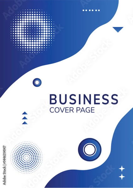 Fototapeta Professional business brochure cover design with a dynamic blue gradient background with abstract white shapes, circles, triangles, dots, and wavy lines. 
