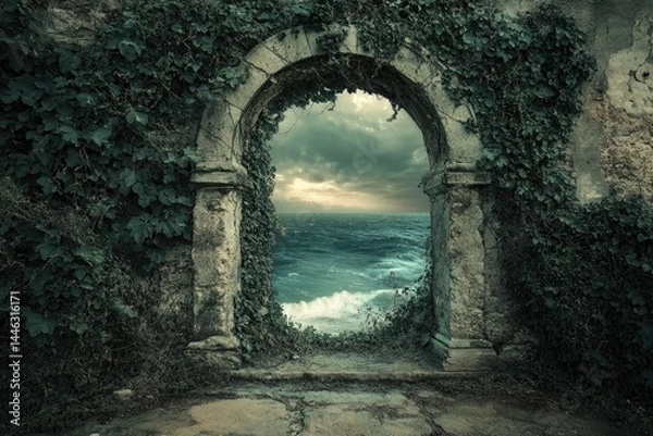Fototapeta An ancient stone archway, overgrown with ivy, frames a dramatic ocean view under a stormy sky.