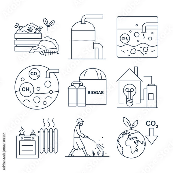 Obraz Biogas production technology, vector icon set