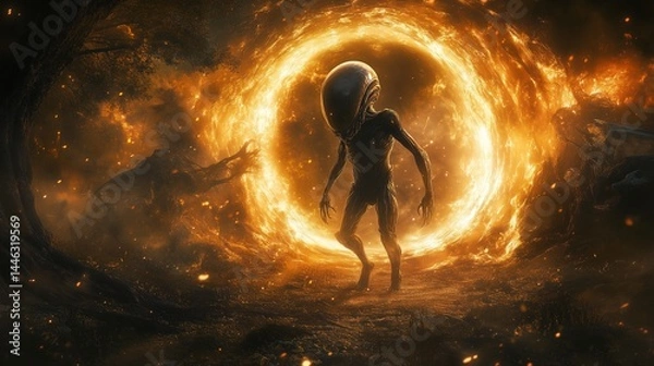 Fototapeta Alien Creature Emerging from a Portal, Introduction to New Worlds and Species