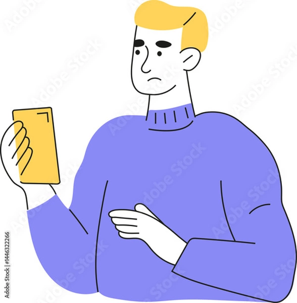 Obraz Sad man holding a smartphone, depicting emotional stress, isolation, and digital burnout caused by mobile device use, designed for technology and mental health themes.