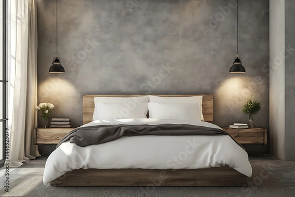 Fototapeta A minimalist bedroom with a wooden bed frame and clean white linens under hanging pendant lights.