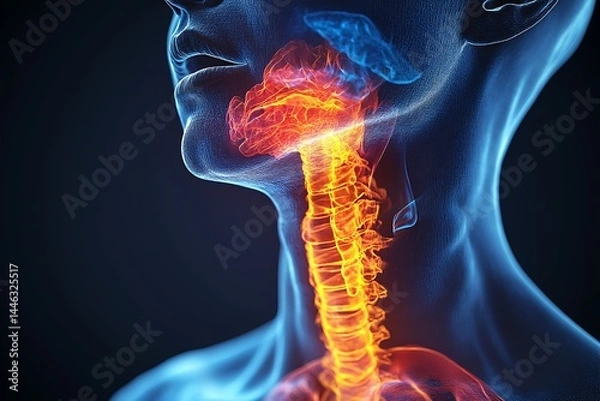 Obraz **Realistic 3D Rendering Of The Human Throat, Focusing On The Larynx And Pharynx, Showing Anatomical Details. Ideal For Voice-Related Health, Swallowing Disorders, Or Ent Medical Studies --Ar 3:2 --S 